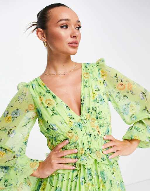 ASOS DESIGN button through ruched waist pleated mini dress in green floral  print