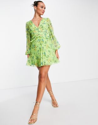ASOS DESIGN button through ruched waist pleated mini dress in green floral  print | ASOS