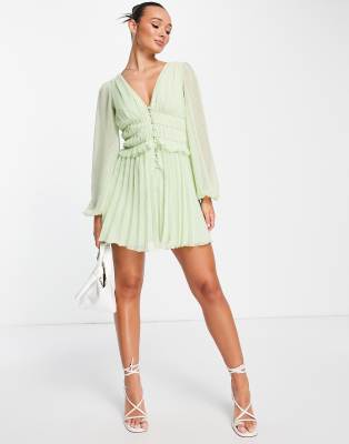 ASOS DESIGN button through ruched waist pleated mini dress in metallic dobby in soft green