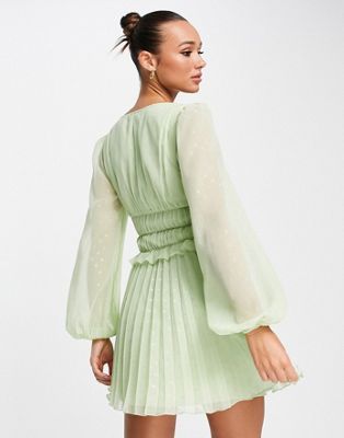 ASOS DESIGN button through ruched waist pleated mini dress in metallic  dobby in soft green