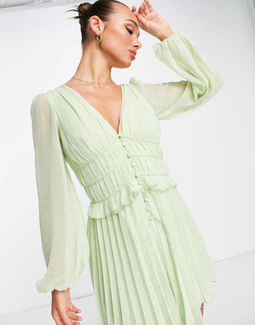 ASOS DESIGN button through ruched waist pleated mini dress in metallic  texture in pastel yellow