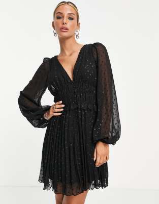 Asos Design Button Through Ruched Waist Pleated Mini Dress In Metallic Texture In Black