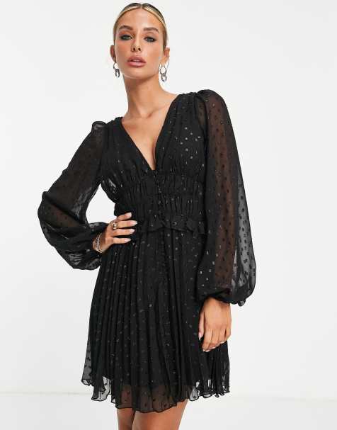 ASOS DESIGN button through ruched waist pleated mini dress in metallic texture in black - view 1