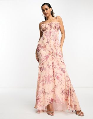 ASOS DESIGN button through ruffle bias maxi dress with scatter embellishment in mixed vintage floral print