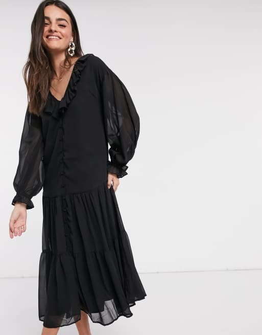 Asos Design Button Through Ruffle Front Tiered Maxi Dress In Black Asos 