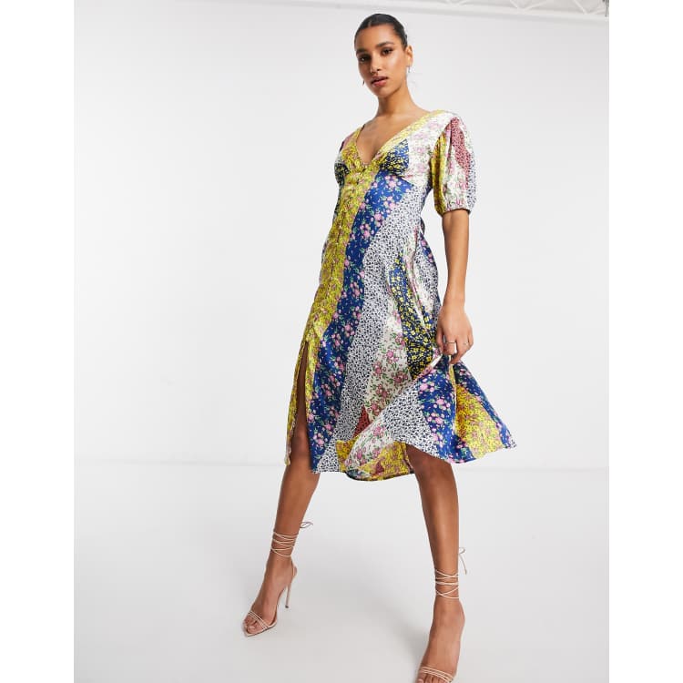 ASOS DESIGN button through satin midi tea dress in mixed floral | ASOS