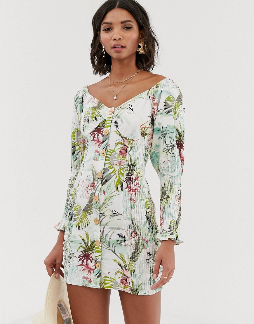 ASOS DESIGN button through shirred mini dress in tropical print-Multi