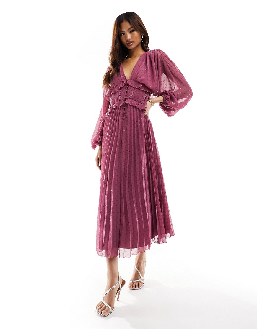 ASOS DESIGN button through shirred waist pleated midi dress in metallic dobby with crochet trim in dark rose-Pink