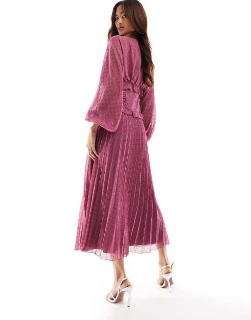 ASOS DESIGN button through shirred waist pleated midi dress in metallic  dobby with crochet trim in dark rose