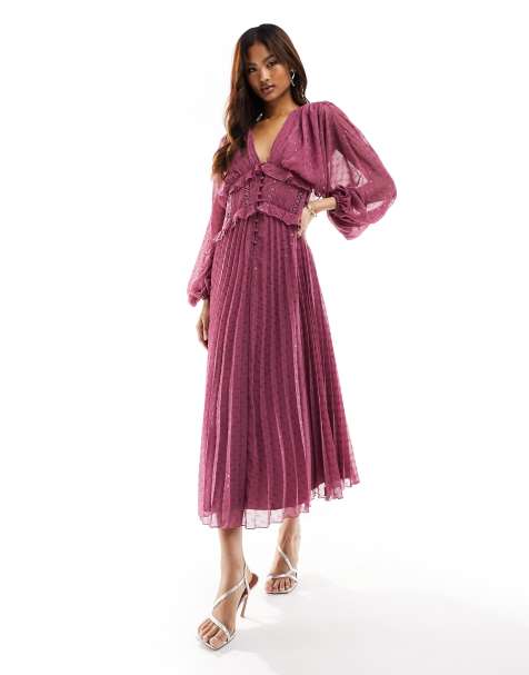 Magenta Long Sleeve Belted Midi Dress – AX Paris