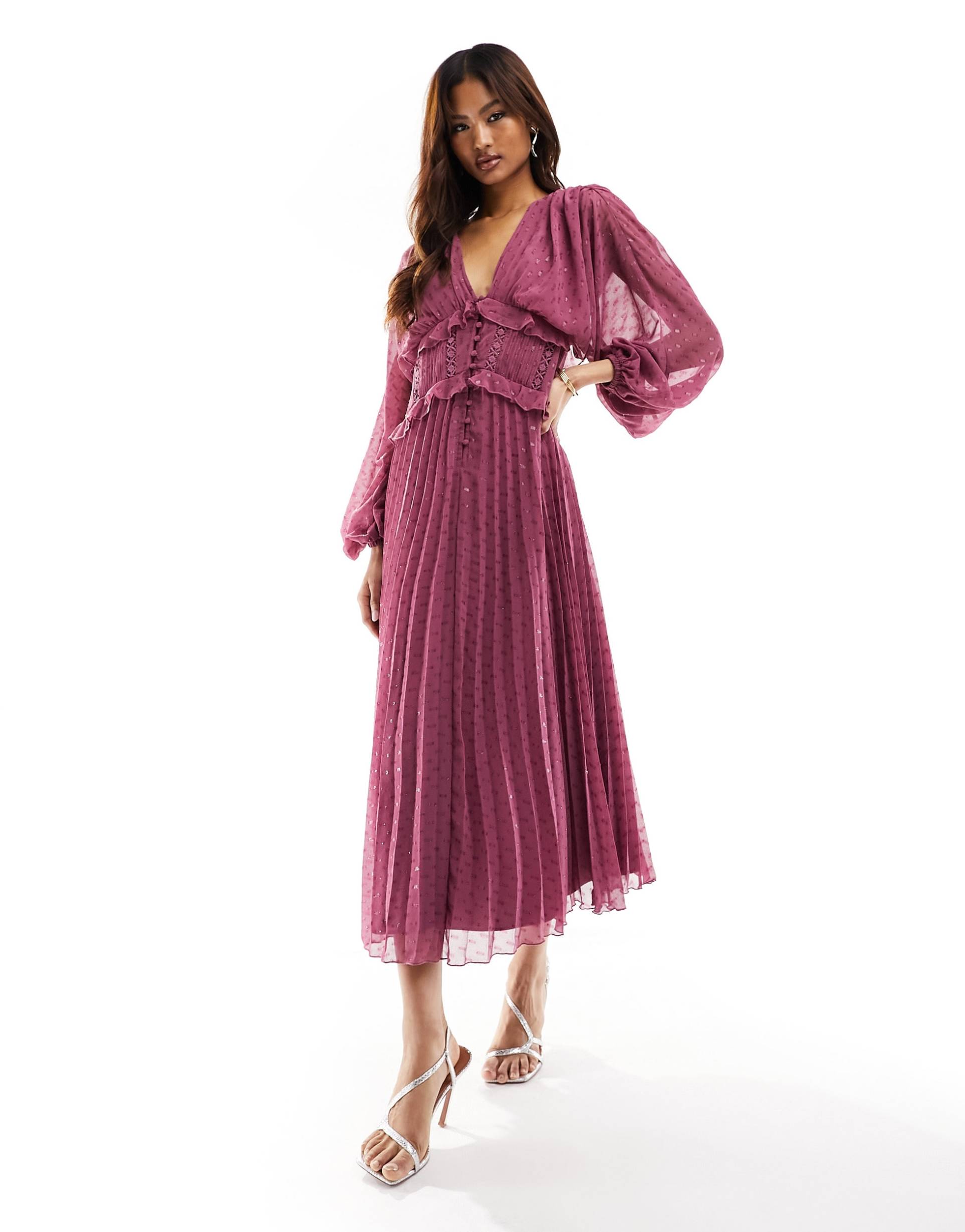 asos design button through shirred waist pleated midi dress in metallic texture with crochet trim in dark rose