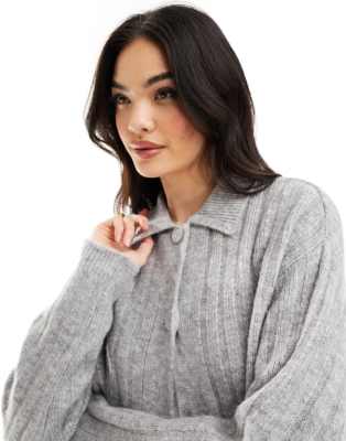 Asos Design Button Through Shirt Cardigan In Rib In Gray - Part Of A Set