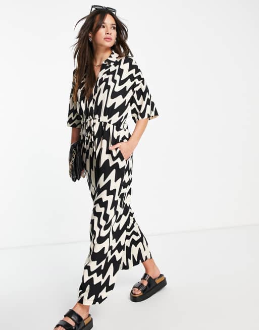 ASOS DESIGN button through shirt jumpsuit in mono abstract print 