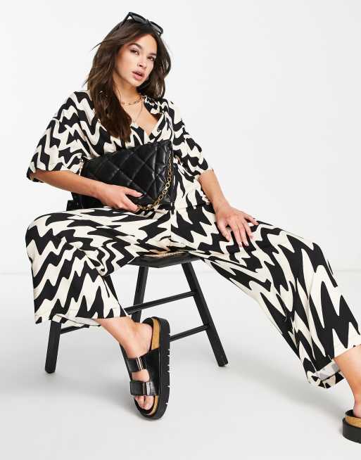ASOS DESIGN button through shirt jumpsuit in mono abstract print , 3 of 4