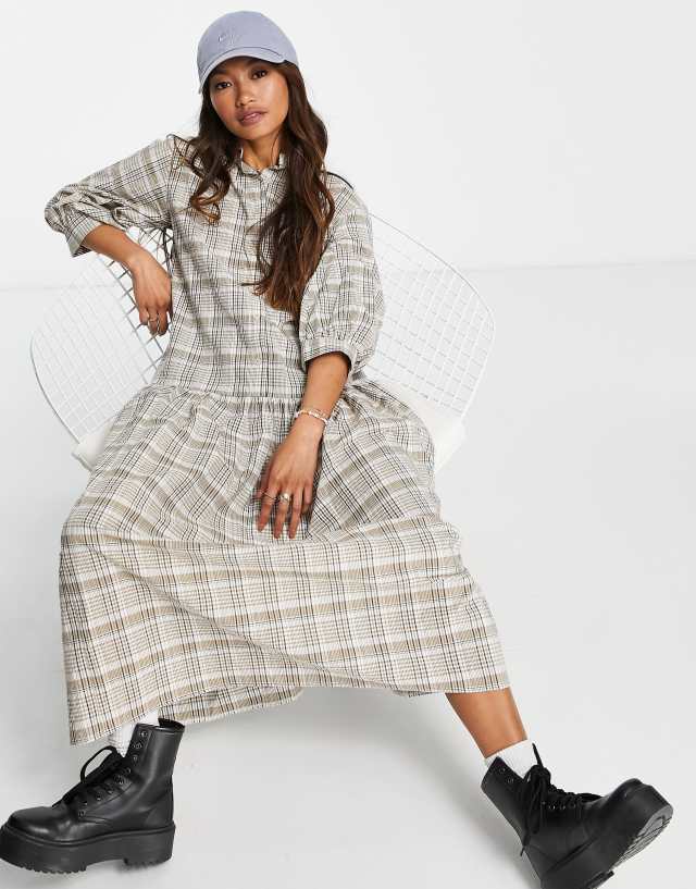 ASOS DESIGN button through shirt midi smock dress in brown white check