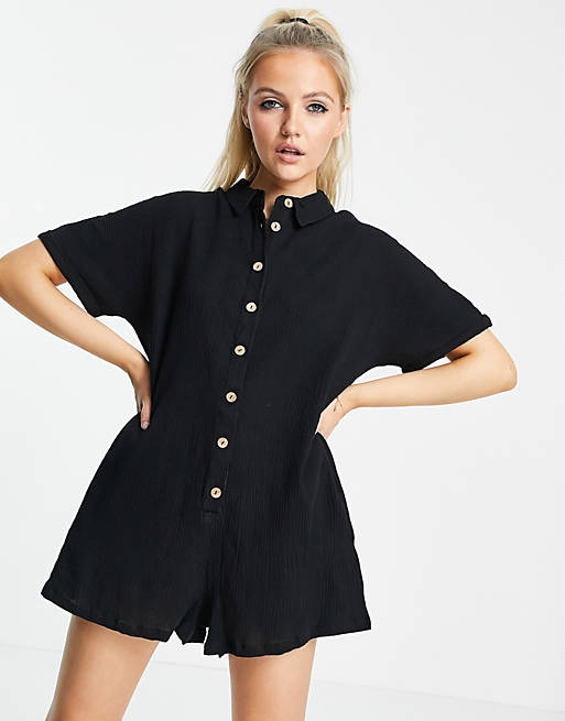 Women button through shirt  romper in black 