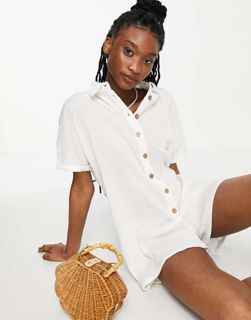 ASOS DESIGN button through shirt romper in white