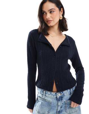 ASOS DESIGN button through shrunken cable cardigan in navy