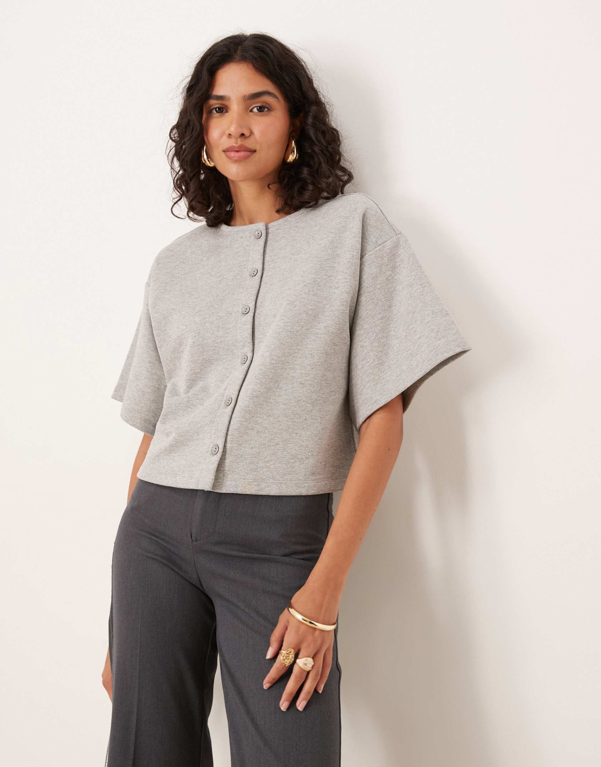 asos design button through sleeveless loopback sweats top in gray heather