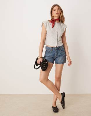 Asos Design Button Through Sleeveless Shoulder Pad Tank In Gray