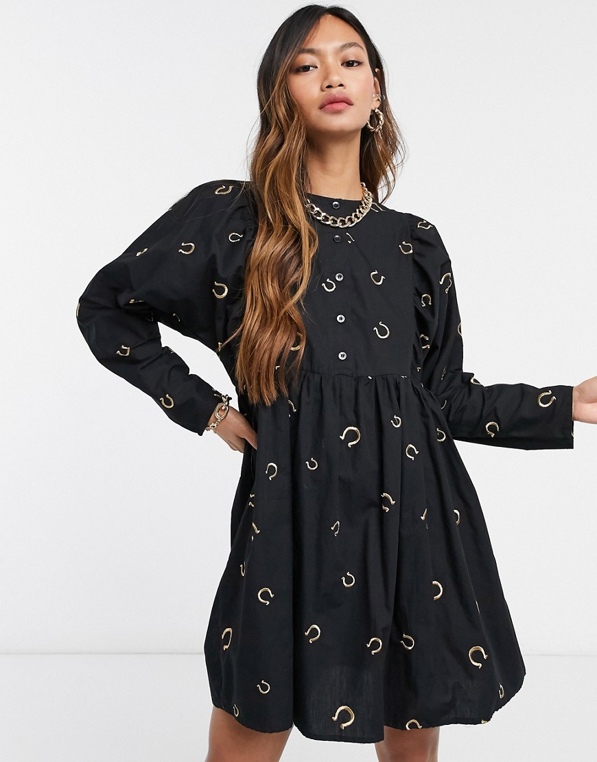 ASOS DESIGN button through smock mini dress with horse shoe embroidery in black