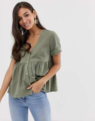 ASOS DESIGN button through smock top in seersucker sun top-Green