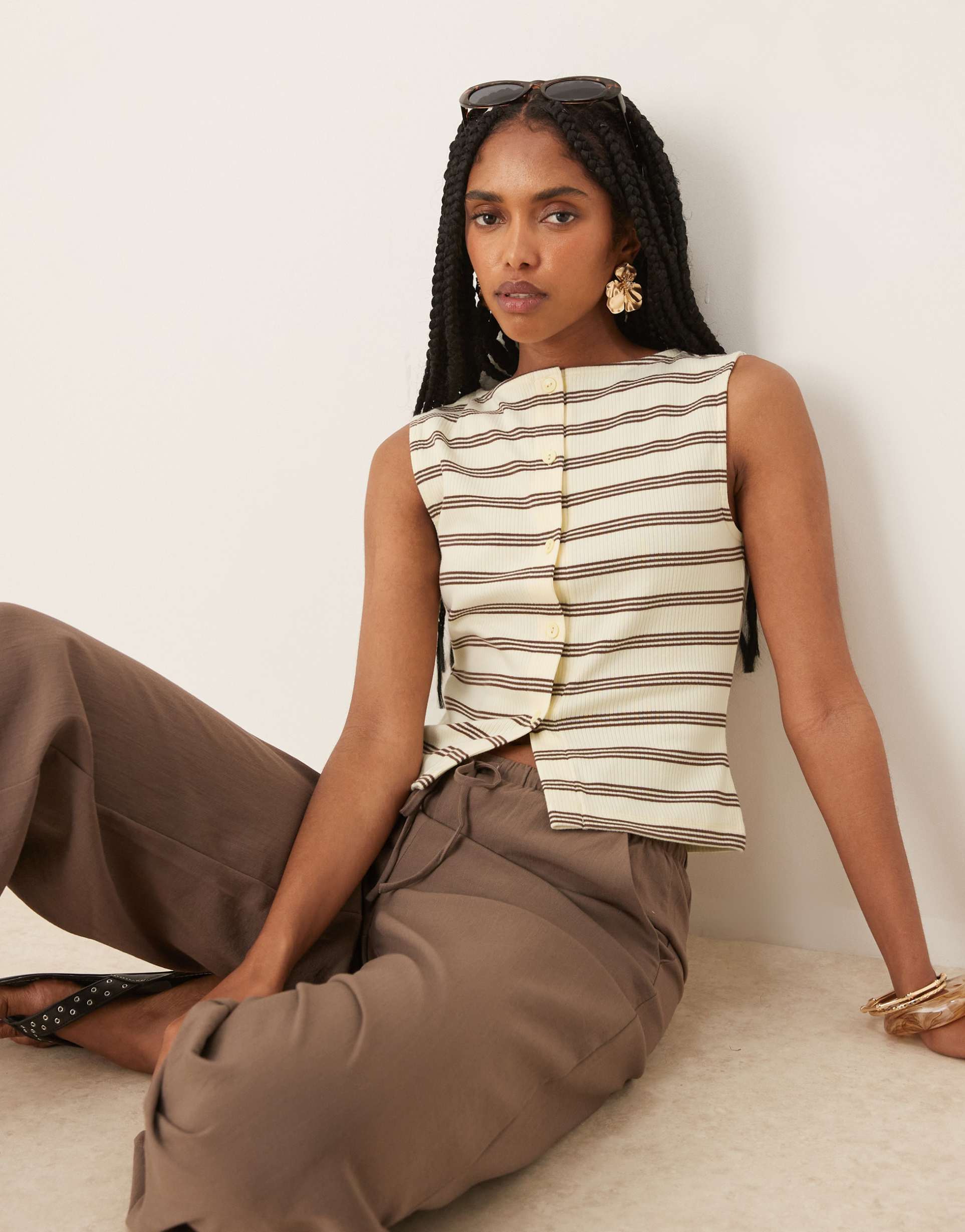 asos design button through striped sleeveless rib top in buttermilk - part of a set