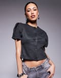 [ASOS DESIGN] ASOS DESIGN button through structured short sleeve top in charcoal-Grey M Charcoal