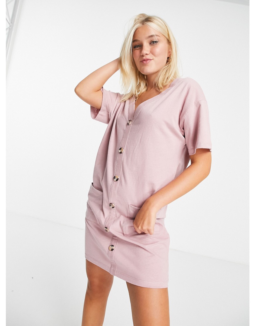 ASOS DESIGN button through t-shirt dress in rose-Pink