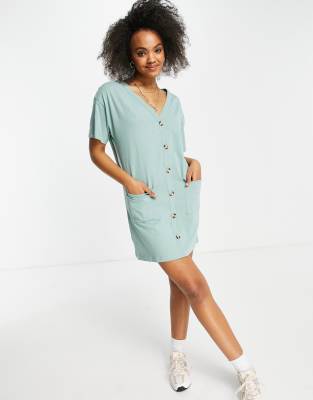 ASOS DESIGN button through t-shirt dress in sage - ASOS Price Checker