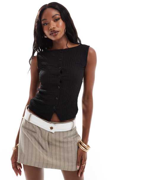 ASOS DESIGN button through tank top in textured black - view 1