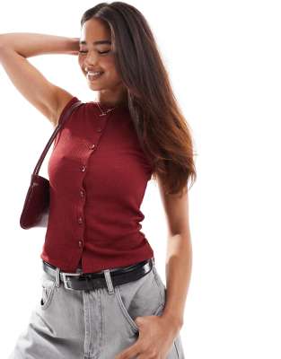 Asos Design Button Through Tank Top In Wine-red