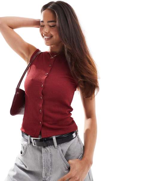 ASOS DESIGN button through tank top in wine - view 1