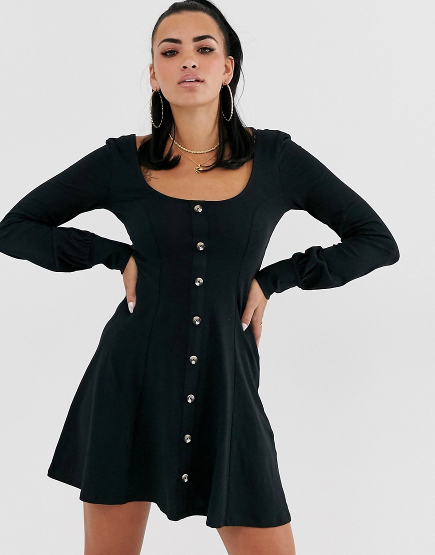 ASOS DESIGN button through tea dress in black
