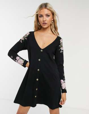 Asos Design Button Through Tea Dress With Shoulder Embroidery In Black Asos 