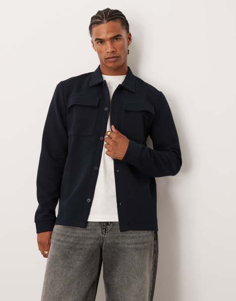 ASOS DESIGN button through textured jersey shacket in navy - view 1