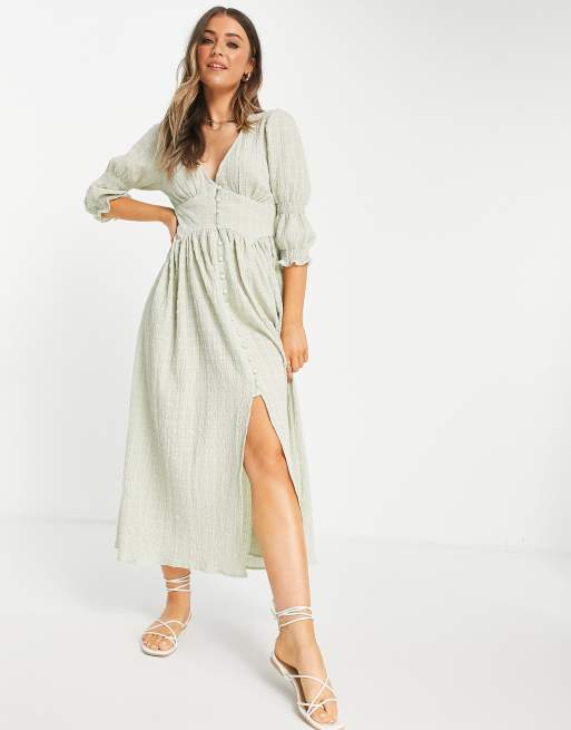 ASOS DESIGN button through textured midi tea dress in sage