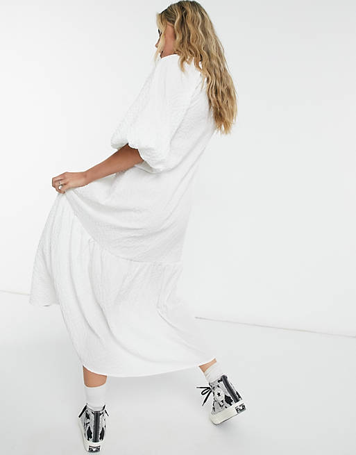 Women button through textured smock maxi shirt dress in white 
