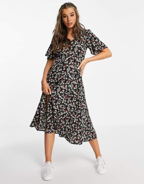 ASOS DESIGN button through tie back midi tea dress with angel sleeve in black floral print