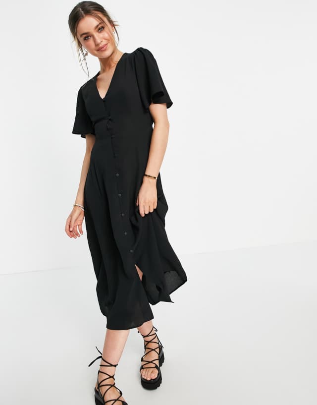 ASOS DESIGN button through tie back midi tea dress with angel sleeve in black