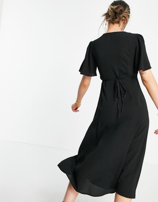 asos design ultimate midi tea dress with collar in black button through tie back angel sleeve V neck