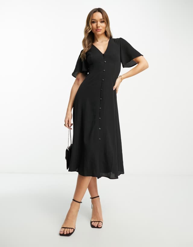 ASOS DESIGN button through tie back midi tea dress with angel sleeve in black