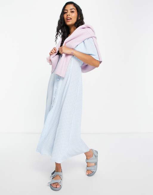 ASOS DESIGN button through tie back midi tea dress with angel sleeve in blue gingham print