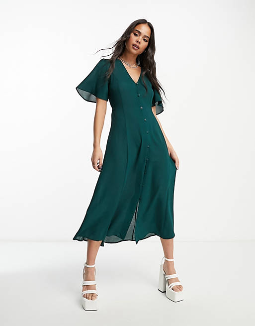 ASOS DESIGN button through tie back midi tea dress with angel sleeve in bottle green