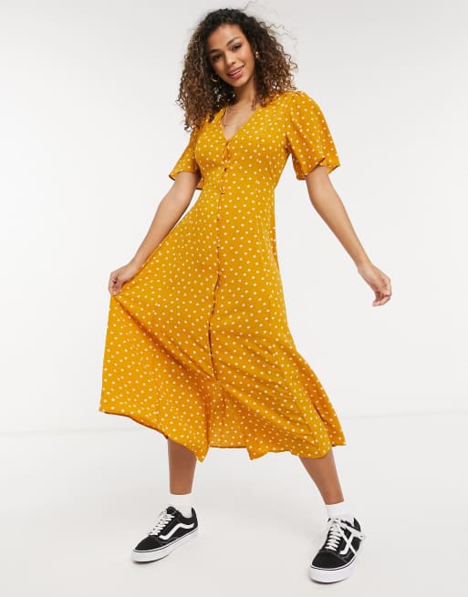 ASOS DESIGN button through tie back midi tea dress with angel sleeve in mustard spot