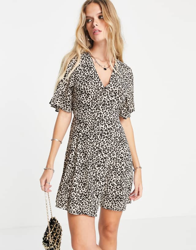 ASOS DESIGN button through tie back mini tea dress with angel sleeve in animal print