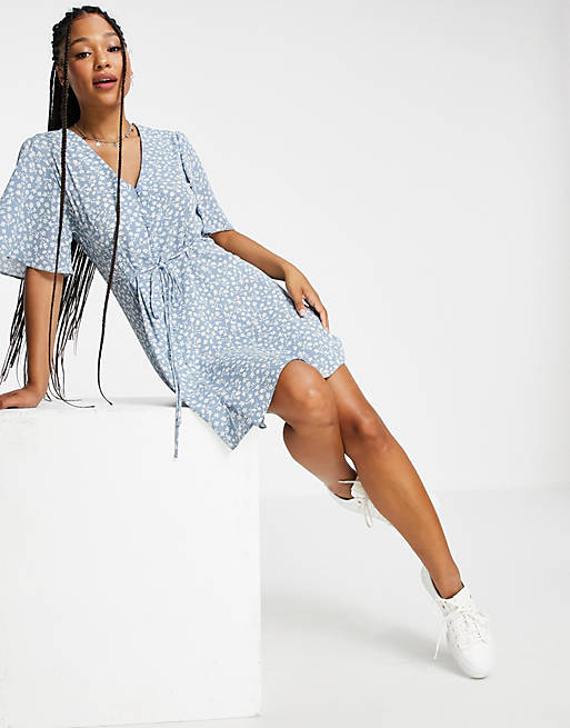 ASOS DESIGN button through tie back mini tea dress with angel sleeve in duck egg floral print