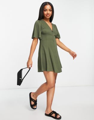 Asos Design Button Through Tie Back Mini Tea Dress With Angel Sleeve In Khaki-green