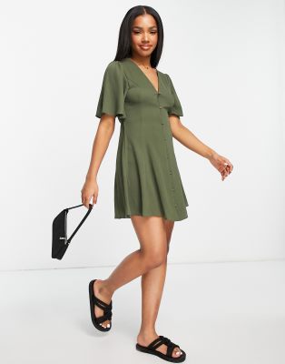 ASOS DESIGN button through tie back mini tea dress with angel sleeve in khaki