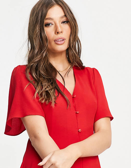  button through tie back mini tea dress with angel sleeve in red 